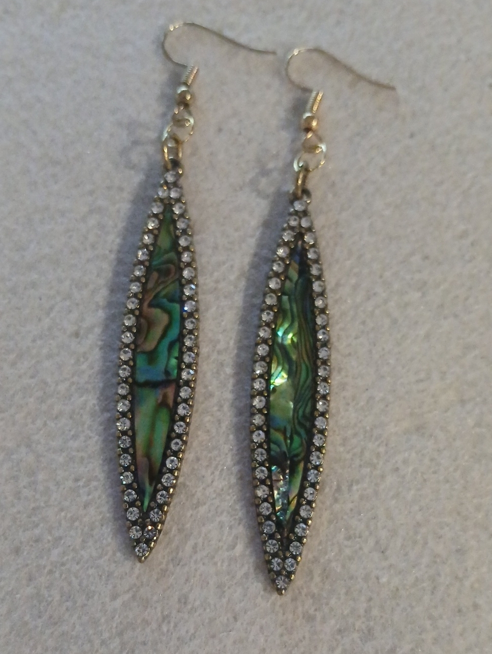 227- Green Abalone Teardrop Dangle Earrings with Crystal Halo